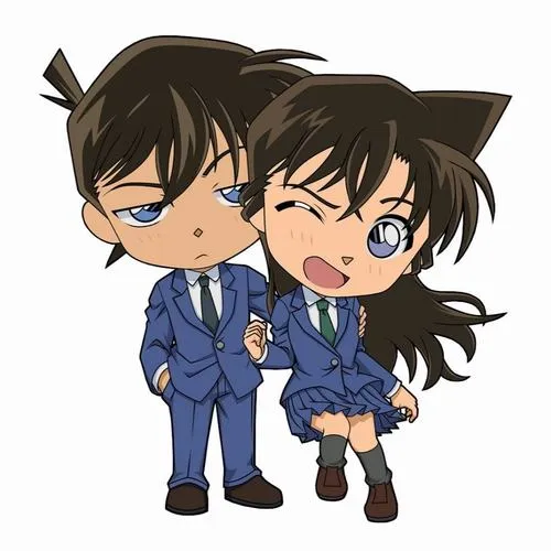Minh họa Ran chibi đi cạnh Shinichi, nét cứng cáp nhưng đáng yêu, nền trắng, dáng bước tự tin