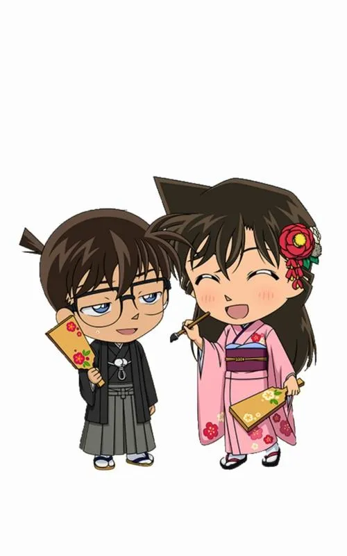 Hình Conan và Ran chibi đứng xa, tỉ lệ nhỏ xíu, nền trắng, cảm giác như sticker tối giản