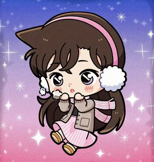 Hình Ran Mori phiên bản chibi đội băng tai lông, má hồng nhẹ, nền hồng sao lấp lánh dễ thương