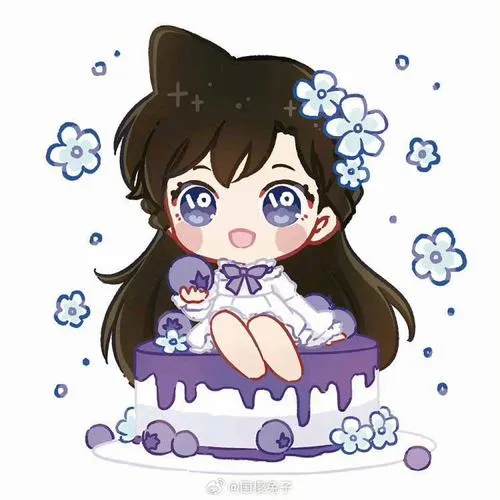 Ảnh chibi của Ran ngồi trên bánh kem tím, mắt long lanh, nền trắng có hoa nhỏ dễ thương