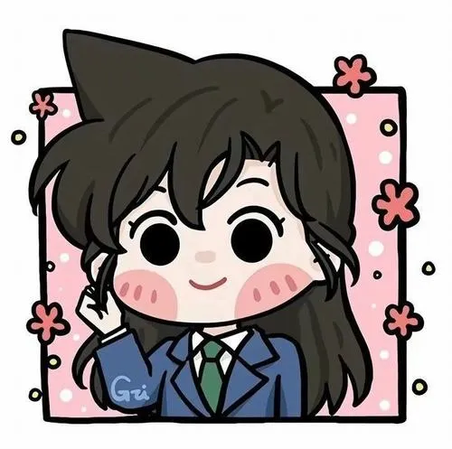 Minh họa Ran chibi khung vuông, nơ tóc xanh, má hồng nhẹ, nền hồng hoa nhỏ kiểu trang trí