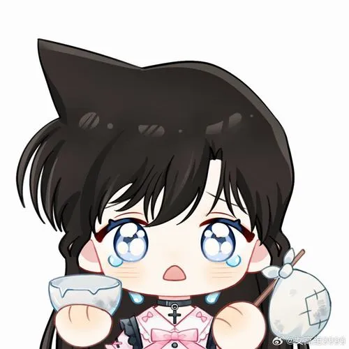 Tranh Ran chibi ôm cốc sữa, mắt to ướt, viền nét dày hơn, nền trắng sạch và gọn