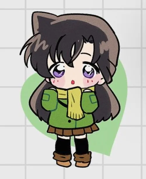 Ảnh Ran chibi mặc áo khoác xanh, tay chắp trước ngực, nền trơn, biểu cảm ngại ngùng đáng yêu