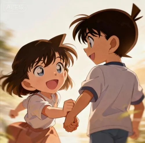 Minh họa Ran và Conan chạy trên nền nắng ấm, tóc bay nhẹ, cảm giác tuổi thơ rất trong trẻo