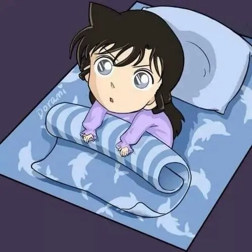 Hình Ran chibi nằm ngủ, chăn xanh, ánh sáng mềm, nét viền mảnh, không khí yên bình