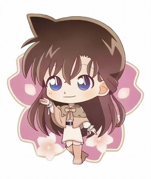 Minh họa Ran chibi tóc dài, nền hồng loang, ánh mắt dịu, viền trắng nhãn dán dễ dùng