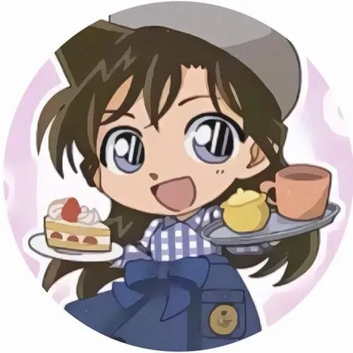 Hình Ran chibi cười tươi cầm bánh và trà, đồng phục xanh, nền sáng, cảm giác ấm áp gần gũi