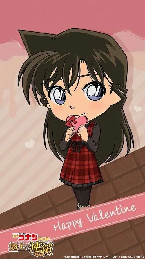 Ảnh chibi của Ran Mori tạo dáng Valentine, đồng phục đỏ, nền trơn tối giản, biểu cảm ngại ngùng