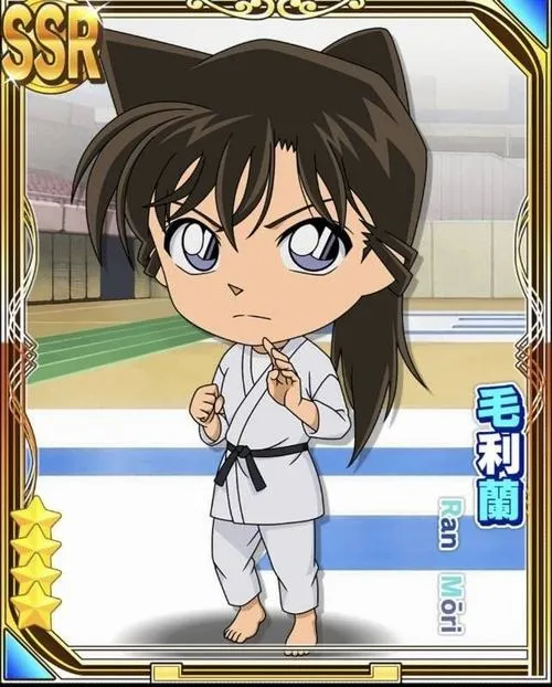 Minh họa Ran Mori chibi mặc đồ thể thao trắng, dáng tự tin, đổ bóng nhẹ, khung thẻ viền vàng