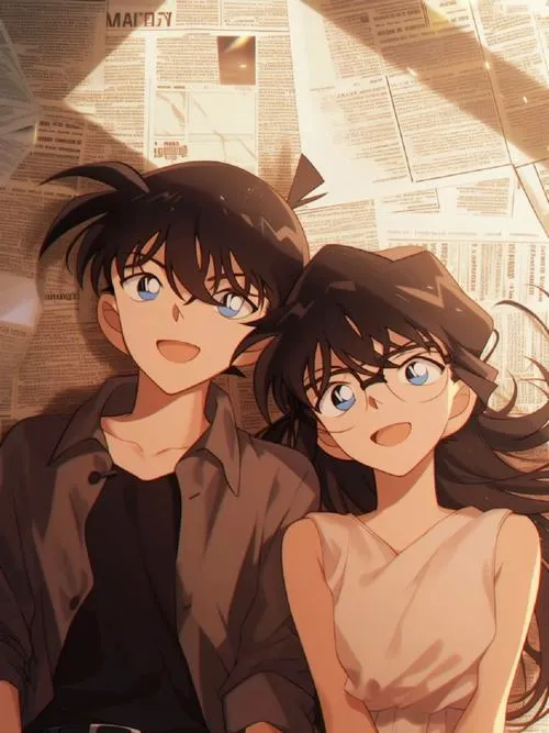 Tranh Ran Mori và Shinichi tông nâu ấm, ánh sáng mềm, cảm giác gần gũi như một khung phim