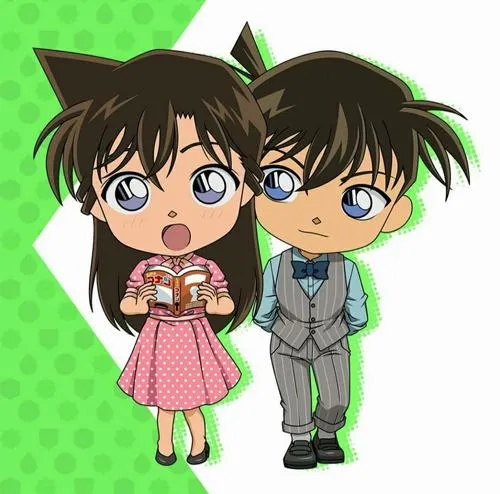 Ảnh Ran Mori chibi cầm tay Conan, viền trắng nhãn dán, nền xanh chấm bi nhìn rất gọn