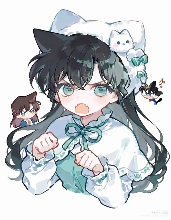 Ảnh chibi Ran Mori cận tay siết đai thắt, chi tiết vải rõ, tương phản sáng tối gắt nhẹ, rất đã mắt