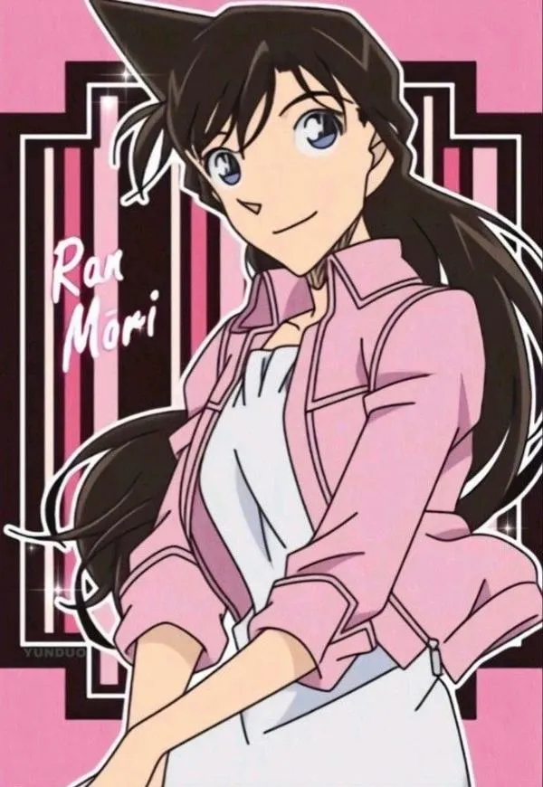 Hình nhân vật Ran Mori đứng giữa sân trường, màu xanh mướt, nơ áo nổi, vibe trong trẻo dễ thương