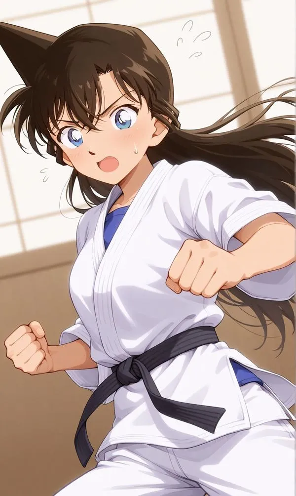 Ảnh cô Ran mặc võ phụ Karate, tóc dài bay, phông nền tối giản, cảm giác ấm mà không chói