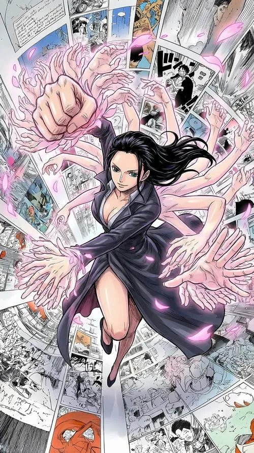Hình Nico Robin tóc ngang vai, mắt sắc, vibe bí ẩn trước Timeskip