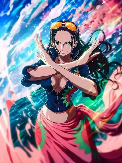 Ảnh anime Robin mặc đồ bơi đứng im mà áp lực, biểu cảm tiết chế, đúng chất lạnh sang