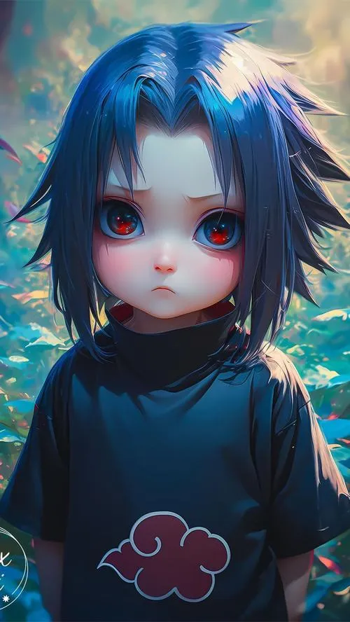 Hình Sasuke chibi mắt đỏ tóc dựng, áo tối màu, nền xanh lạnh, hợp làm avatar rõ nét