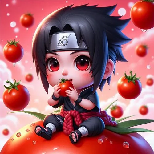 Avatar Sasuke chibi ngồi giữa trái cây đỏ, mắt to long lanh, nền rực, nhìn vui mà vẫn ngầu