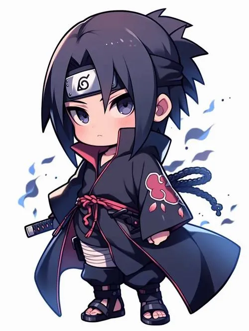Ảnh Sasuke dạng chibi áo choàng tối, hiệu ứng nước xoáy, tóc dựng nhọn, nhìn gọn mà chất