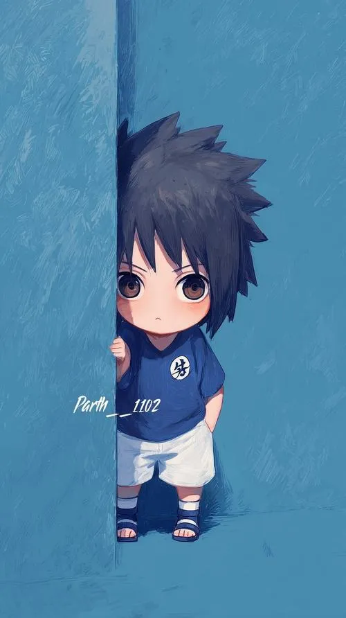 Hình nền Sasuke chibi đứng một mình nền xanh trơn, dáng nhỏ, ánh nhìn lạnh, tối giản dễ dùng
