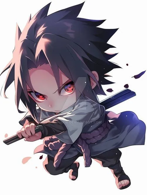 Ảnh Fanart Sasuke chibi lao tới tung đòn, tóc rối, mảng màu xám, cảm giác tốc độ mạnh