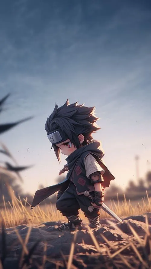 Hình đẹp Sasuke chibi giữa đồng cỏ hoàng hôn, bóng dài, tông nâu cam, mood cô độc