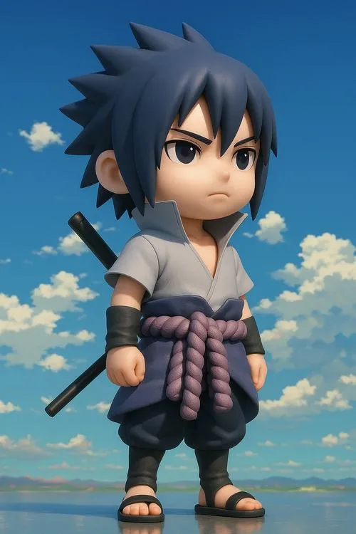 Ảnh 4K Sasuke chibi kiểu 3D đứng trên bãi biển, cầm kiếm, nền trời xanh, nhìn rất thật