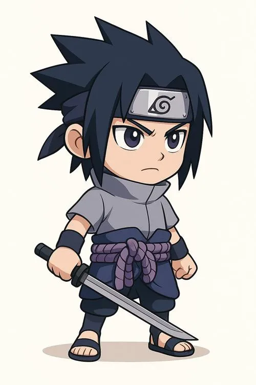 Hình anime Sasuke chibi cầm kiếm, băng trán rõ, tông xám đen, viền sạch, hợp làm avatar