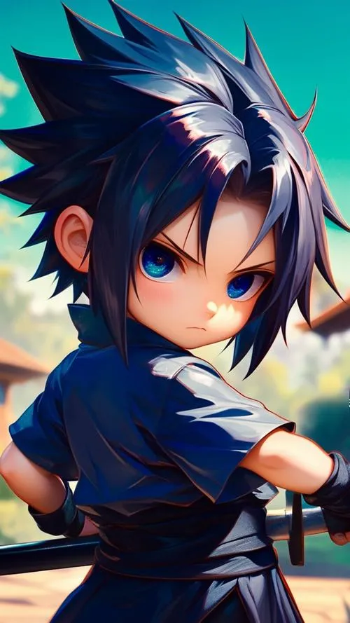 Ảnh Sasuke phiên bản chibi khoanh tay, viền dày, tông xanh đậm, thần thái ngầu mà dễ thương