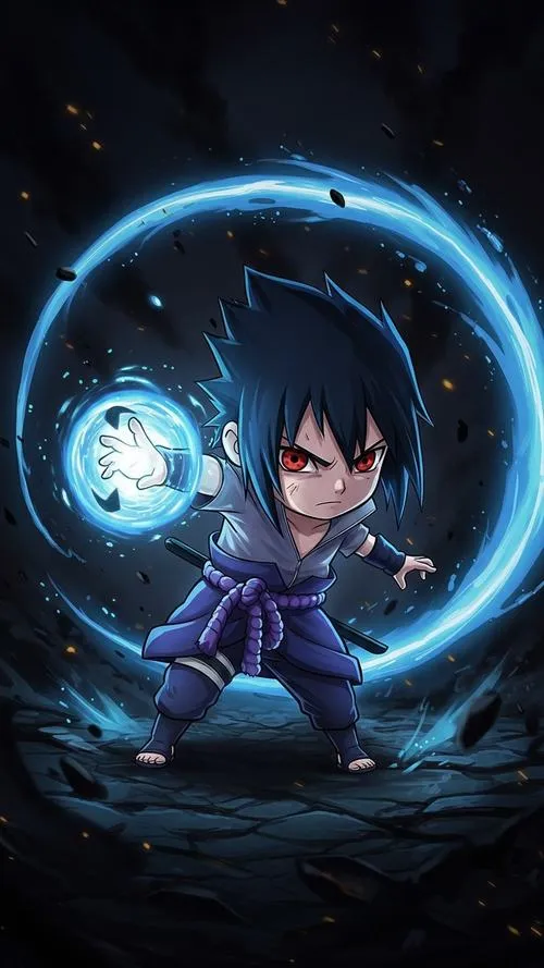 Hình nền Sasuke chibi đứng giữa vòng năng lượng xanh, bóng đổ mạnh, vibe chiến đấu nổi bật