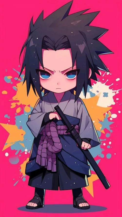 Ảnh Fanart chibi của Sasuke nền hồng, áo choàng tối, mắt sắc, dáng đứng nhỏ mà có lực