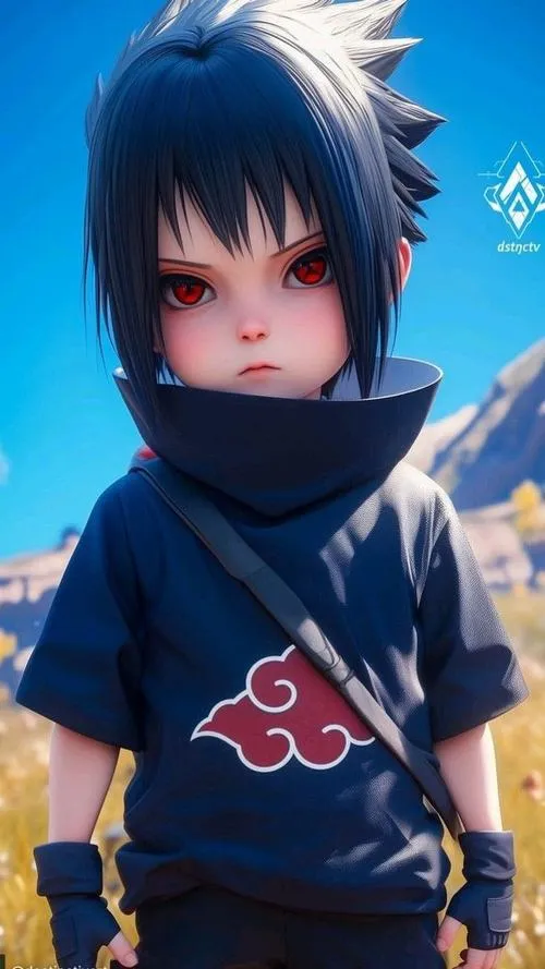 Hình đẹp Sasuke chibi quàng khăn, logo mây đỏ, nền xanh sáng, cảm giác lạnh lùng nhẹ nhàng