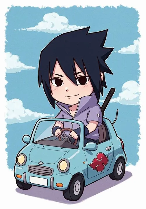 Ảnh ngầu Sasuke kiểu chibi lái xe mini, nền trời mây, chi tiết vui mắt, hợp làm ảnh bìa