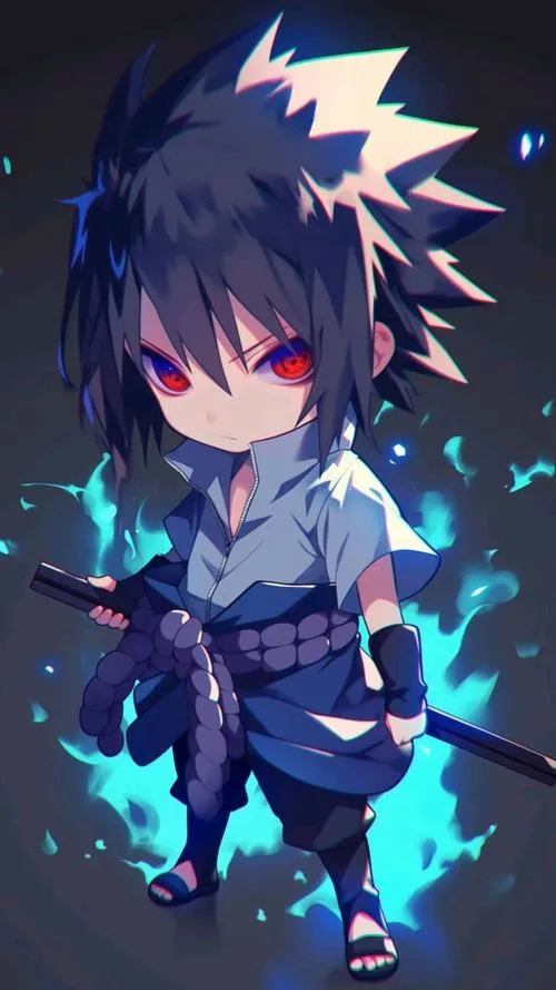 Ảnh 4K Sasuke chibi phát điện xanh, mắt đỏ nổi, nền tối giản, nhìn nhỏ vẫn rất sắc nét