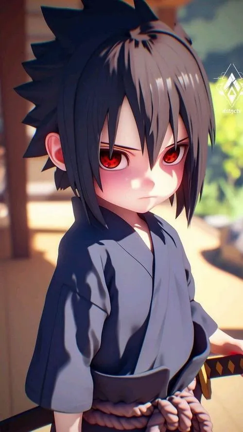 Hình anime Sasuke chibi đứng trong khung cảnh phố, tóc đen dựng, tông nâu ấm, vibe trầm