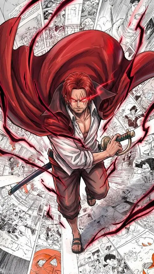 Shanks tóc đỏ đứng nghiêng bên lan can tàu, choàng đen phủ vai, tóc đỏ rực nổi bật trên nền trời xám.