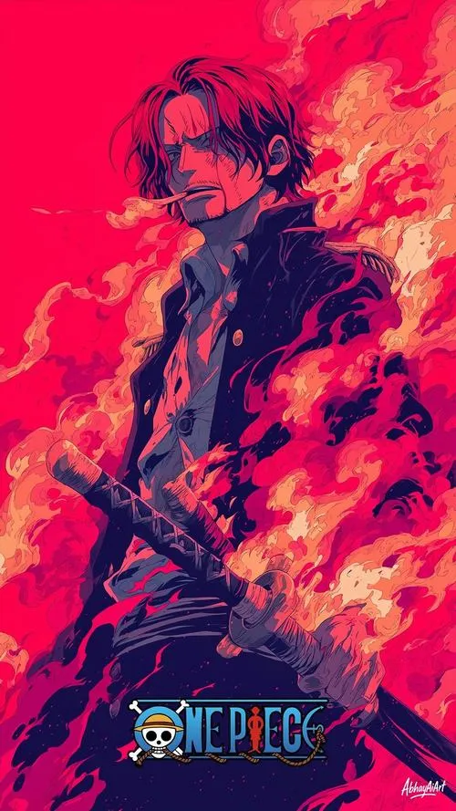 Shanks nghiêng đầu nhìn thẳng ống kính, sẹo mắt trái nổi rõ, gương mặt bình tĩnh khiến khung hình có độ căng lạ.