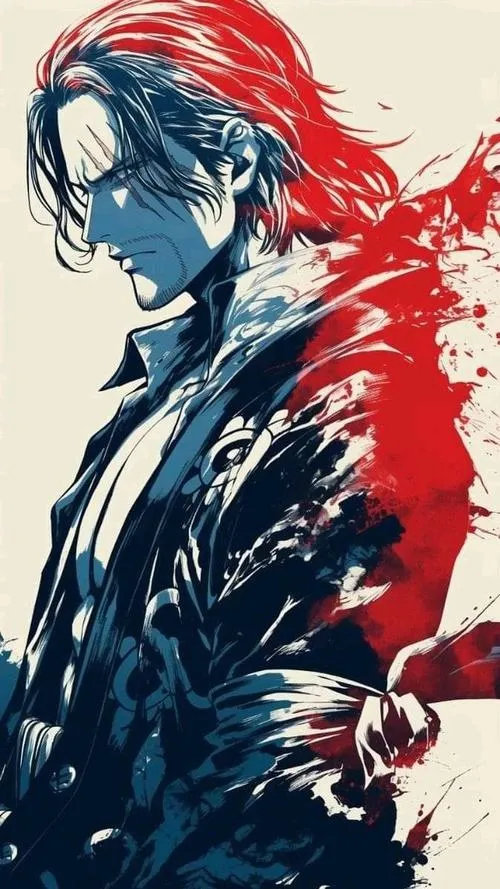 Shanks trong áo trắng mở cổ, ánh sáng hắt từ bên hông làm nổi cơ vai và đường gân tay, không cần hiệu ứng vẫn thấy mạnh.