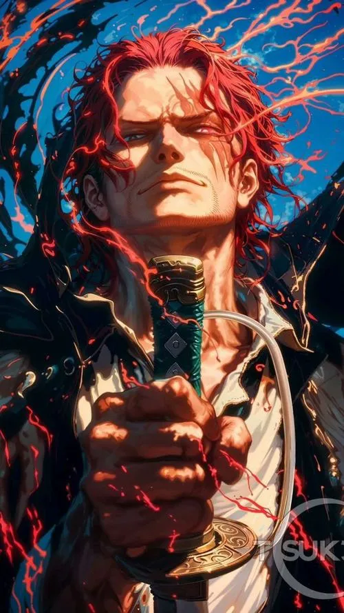 Shanks đứng cạnh đồng đội băng Tóc Đỏ nhưng vẫn chiếm trung tâm, choàng đen tạo mảng tối ôm gọn bố cục.