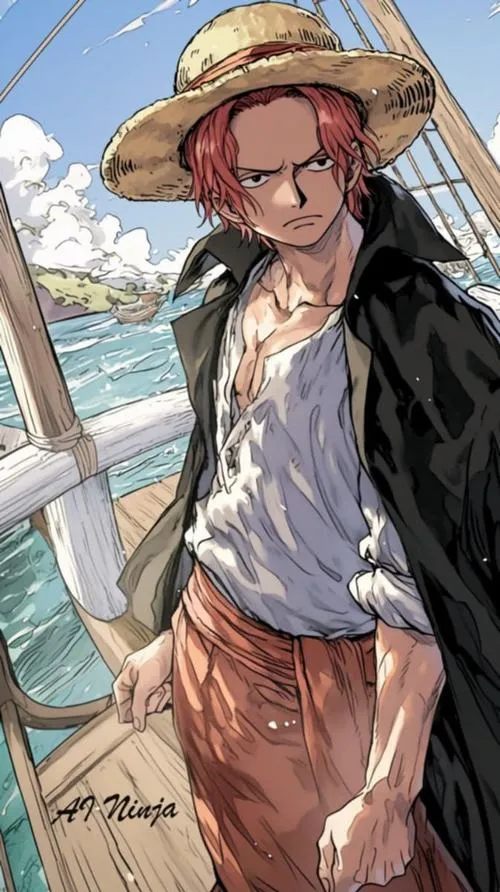 Shanks nhìn ra biển xa, tóc đỏ rối nhẹ theo gió, khung hình rộng tạo cảm giác người giữ cân bằng cả mặt biển.