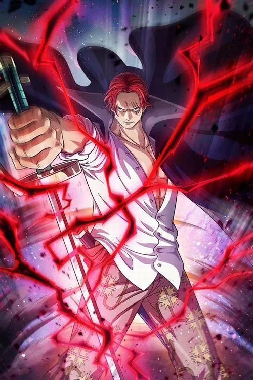 Shanks cười nhẹ, áo sơ mi trắng phanh ngực và quần hoa văn làm tăng chất lãng tử, nhưng khí chất Tứ Hoàng vẫn rõ.