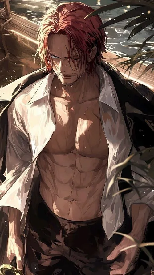 Shanks trong khung hình đen trắng, chỉ giữ sắc đỏ ở mái tóc, sẹo mắt trái thành điểm nhấn đắt giá.