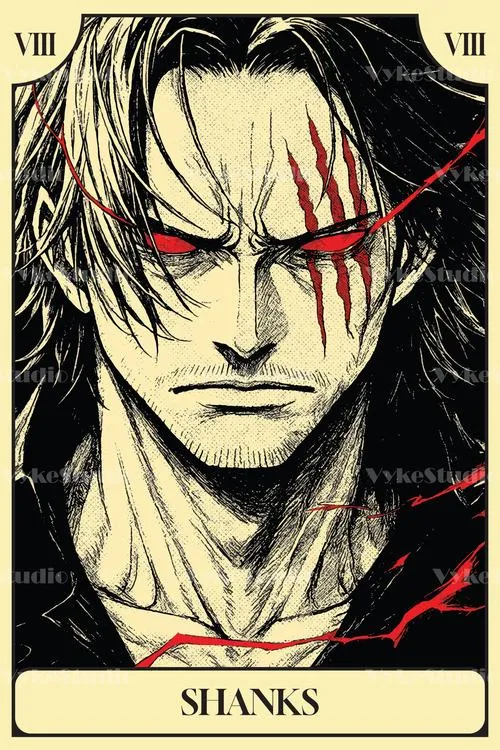 Cận mặt Shanks tóc đỏ với ba vết sẹo song song ở mắt trái, ánh nhìn bình thản mà tạo cảm giác áp lực Haki.