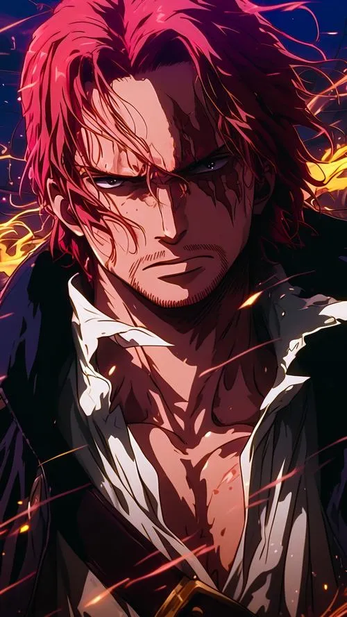 Shanks bước qua nền ánh sáng chói, bóng choàng đen kéo dài, tạo cảm giác im lặng trước bão, đúng kiểu thủ lĩnh băng Hải tặc Tóc Đỏ.