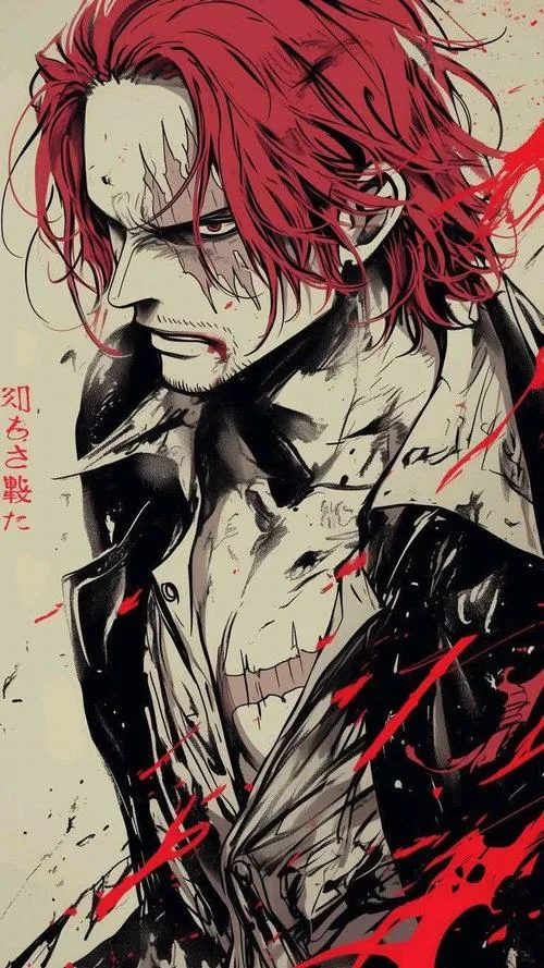 Shanks tóc đỏ mặc áo sơ mi trắng phanh ngực, tay phải đặt lên chuôi kiếm Gryphon, nền tối làm bật thần thái Tứ Hoàng.