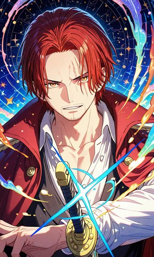 Góc toàn thân Shanks tóc đỏ trong quần lửng hoa văn, choàng đen bay nhẹ, dáng đứng vững như neo tàu giữa gió biển.