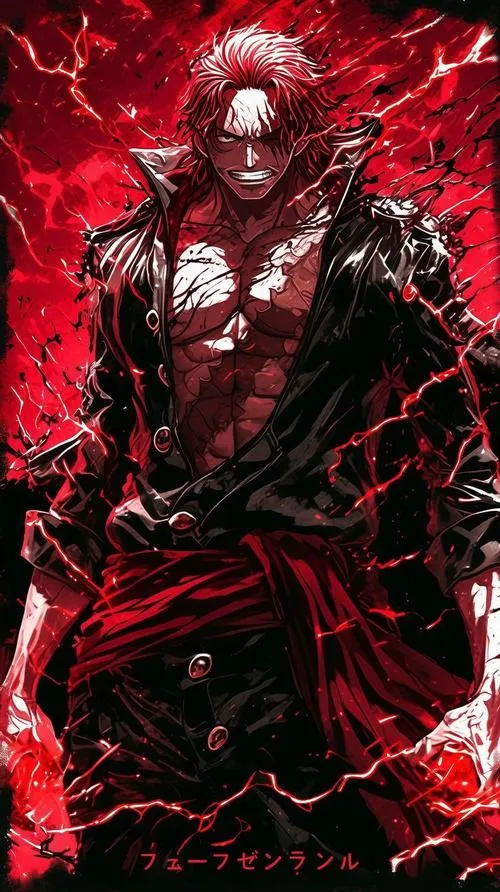 Khung hình tối giản chỉ có Shanks tóc đỏ và bóng kiếm Gryphon, ánh sáng viền tóc tạo đường nét sắc gọn.