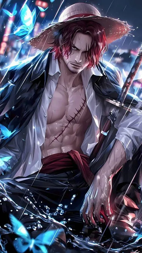 Shanks tóc đỏ quay lưng, choàng đen trải dài, phía xa thấp thoáng cờ băng Hải tặc Tóc Đỏ như một dấu hiệu quyền lực.