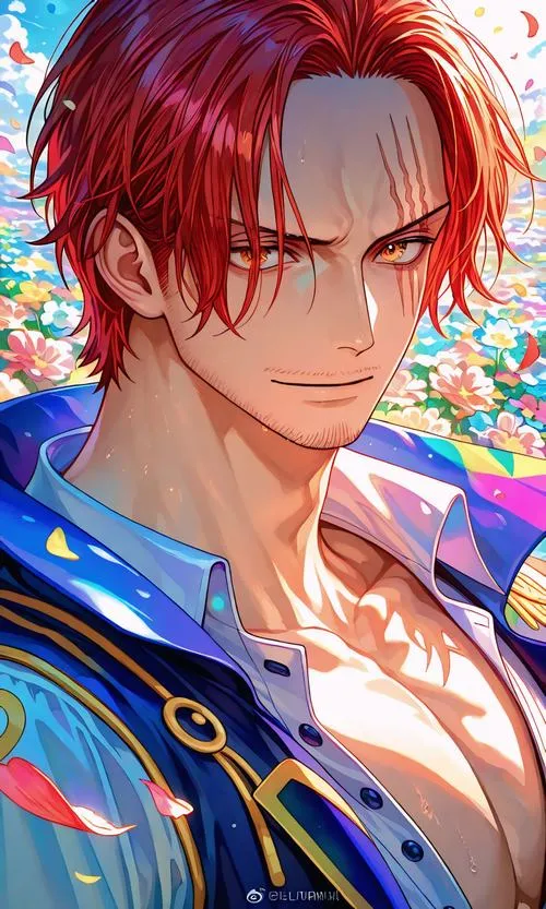 Shanks tóc đỏ bước tới trong sương mù, mắt trái có sẹo rõ nét, không khí dày như thể Haki Bá vương đang lan ra.