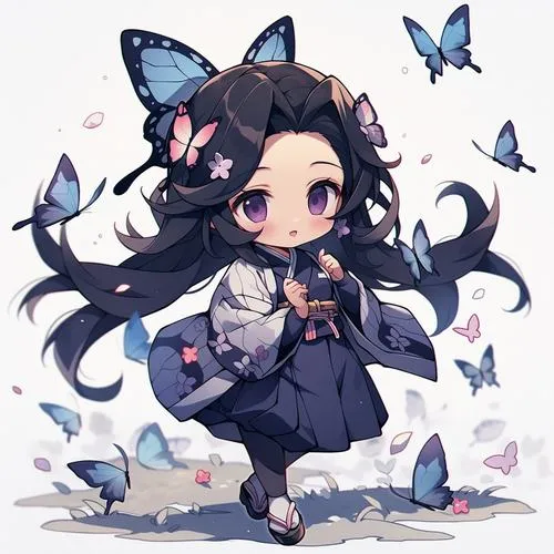 Avatar chibi Shinobu tóc dài bay, bướm xanh tím lượn quanh, nền sáng, cảm giác nhẹ và mát mắt.